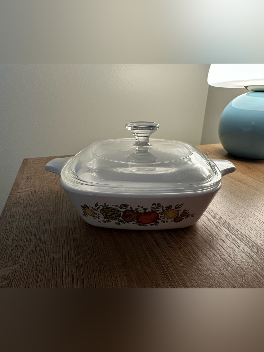 White Ceramic Casserole Dish with Fruit and Veggie Motif and Clear Glass Lid